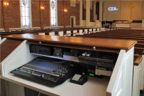 repurposed pews for soundbooth